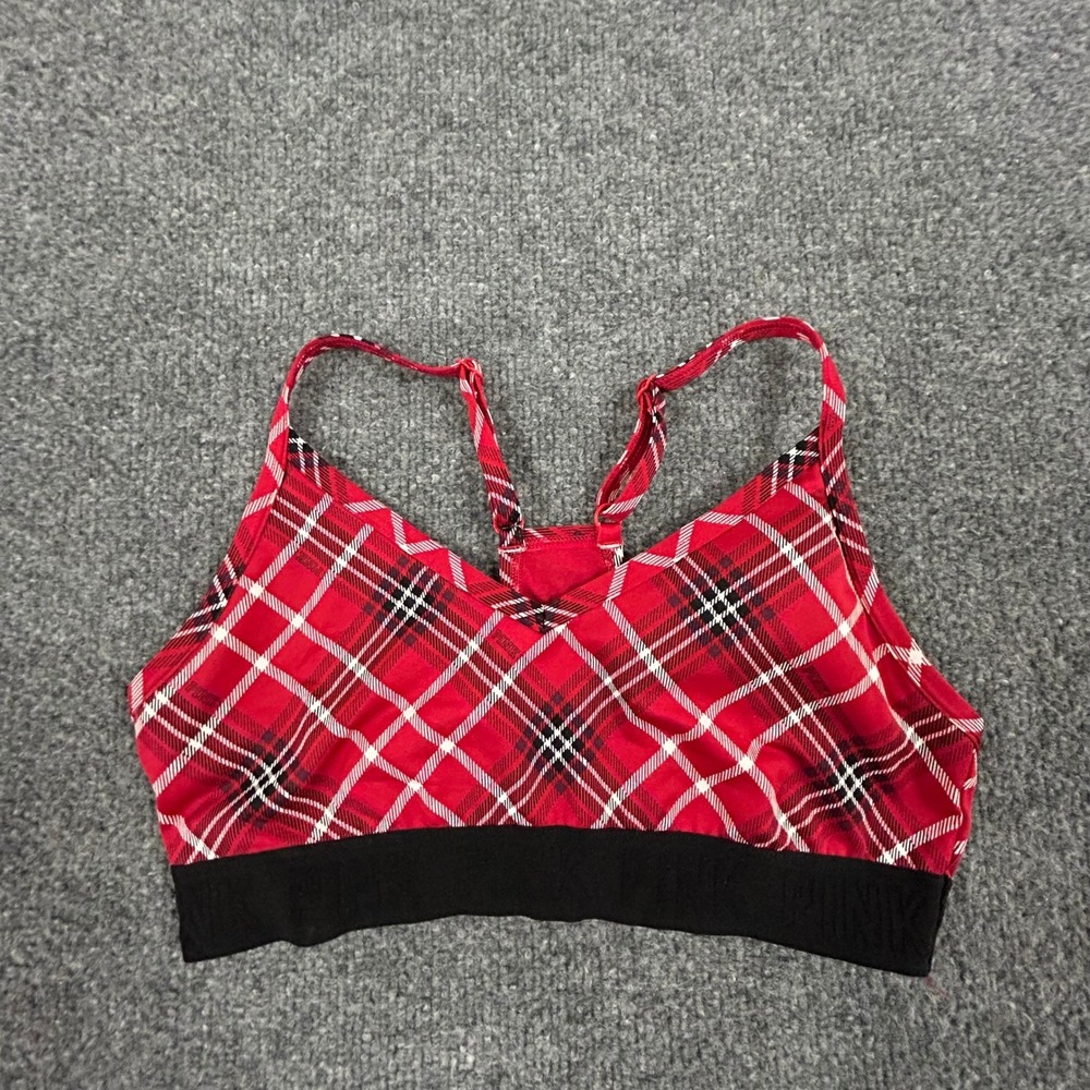 Pink Sports Bra Womens Size XS Red Plaid Wireless Logo Band Athleisure Bralette